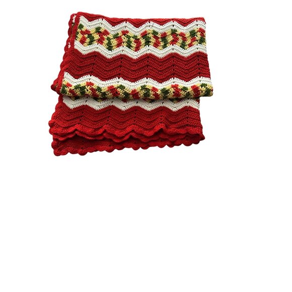 Handmade Crochet Chevron Pattern Blanket Throw Red/Green/White 47"x80" Grandma - Picture 2 of 9